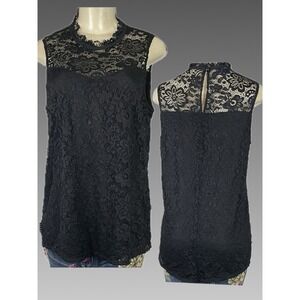 Apt. 9 L Black Floral Lace Lined Mock Neck Sleeveless Blouse Button Keyhole Back